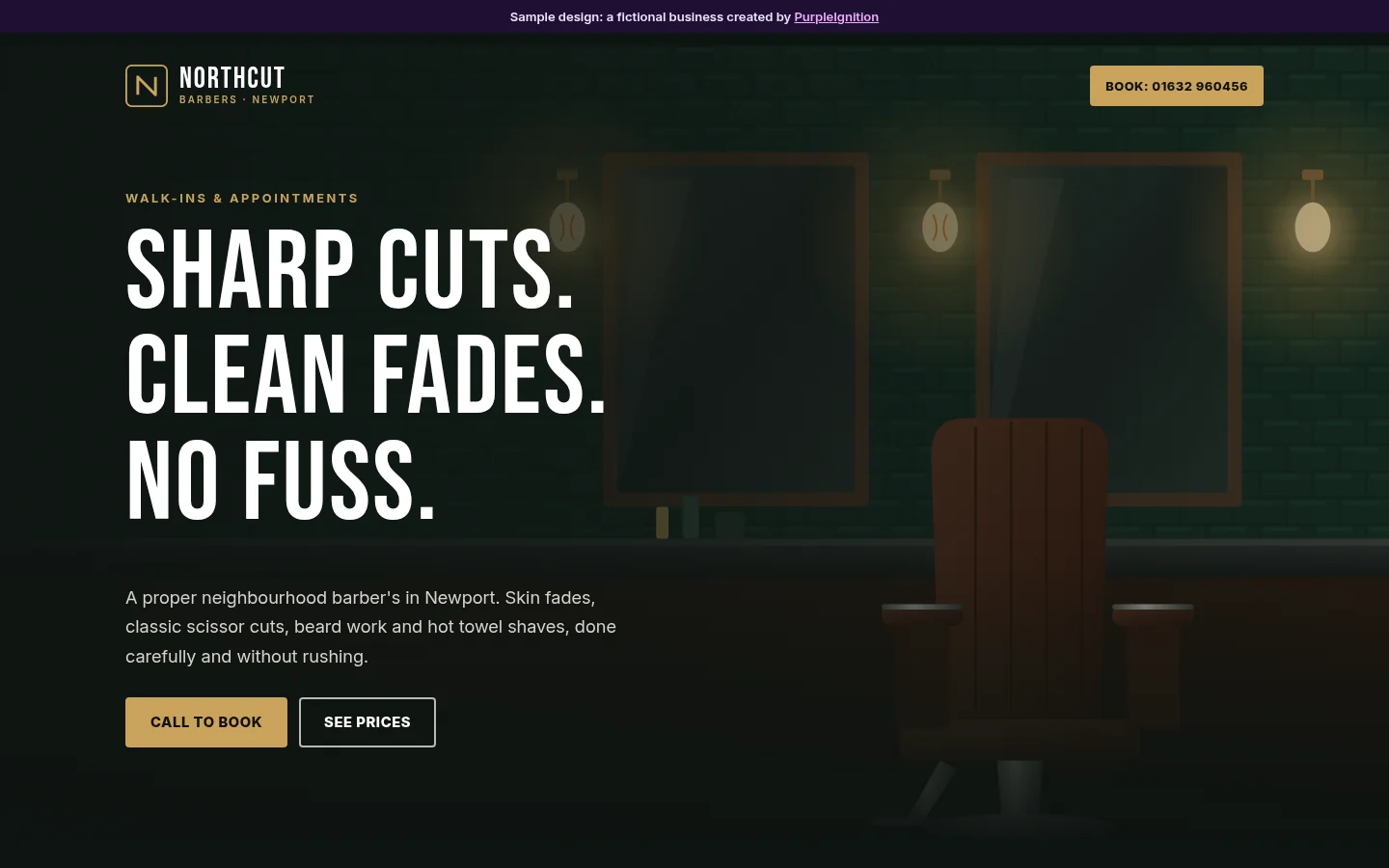 Sample design: homepage for a fictional barber shop
