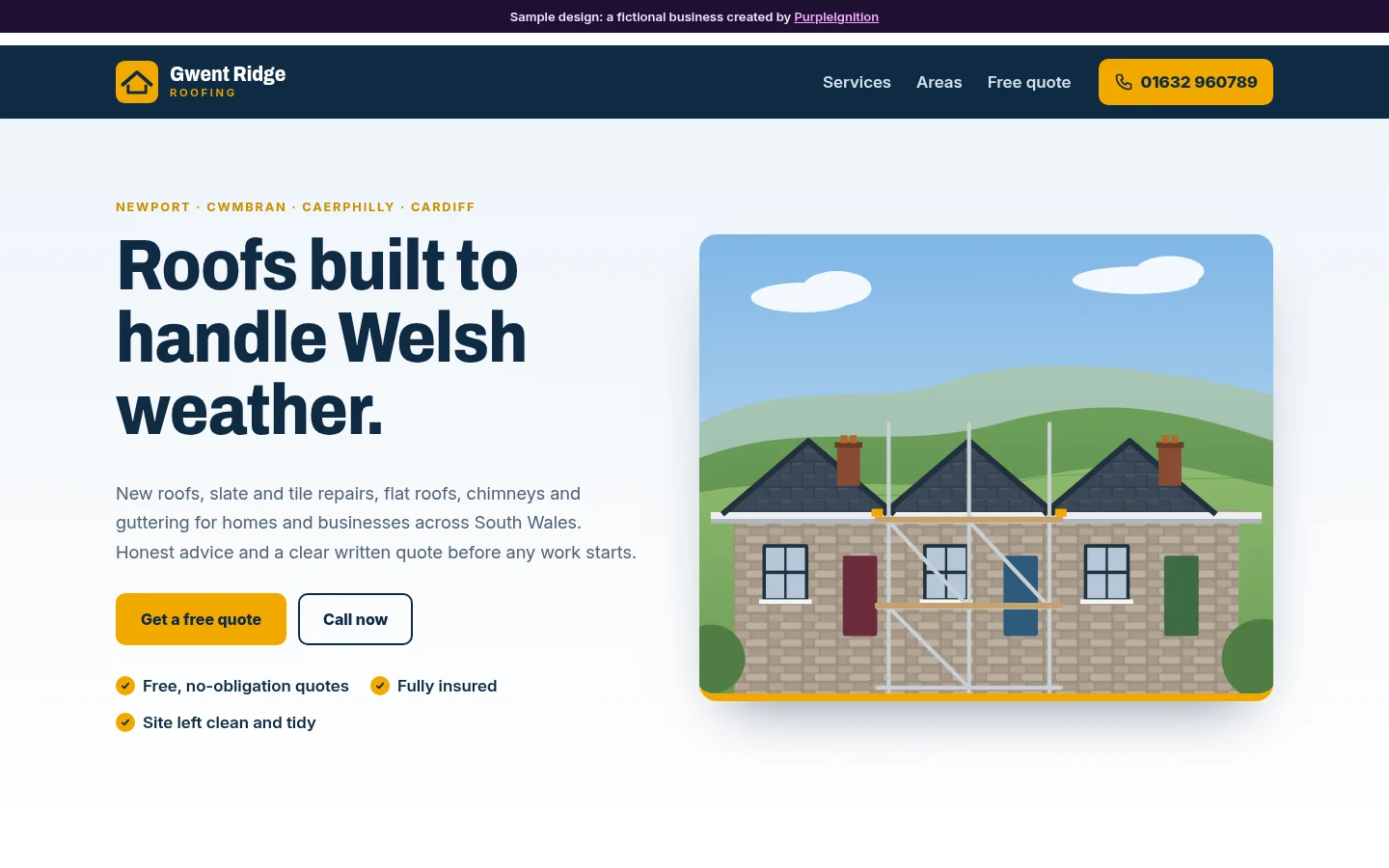 Sample design: homepage for a fictional roofing company